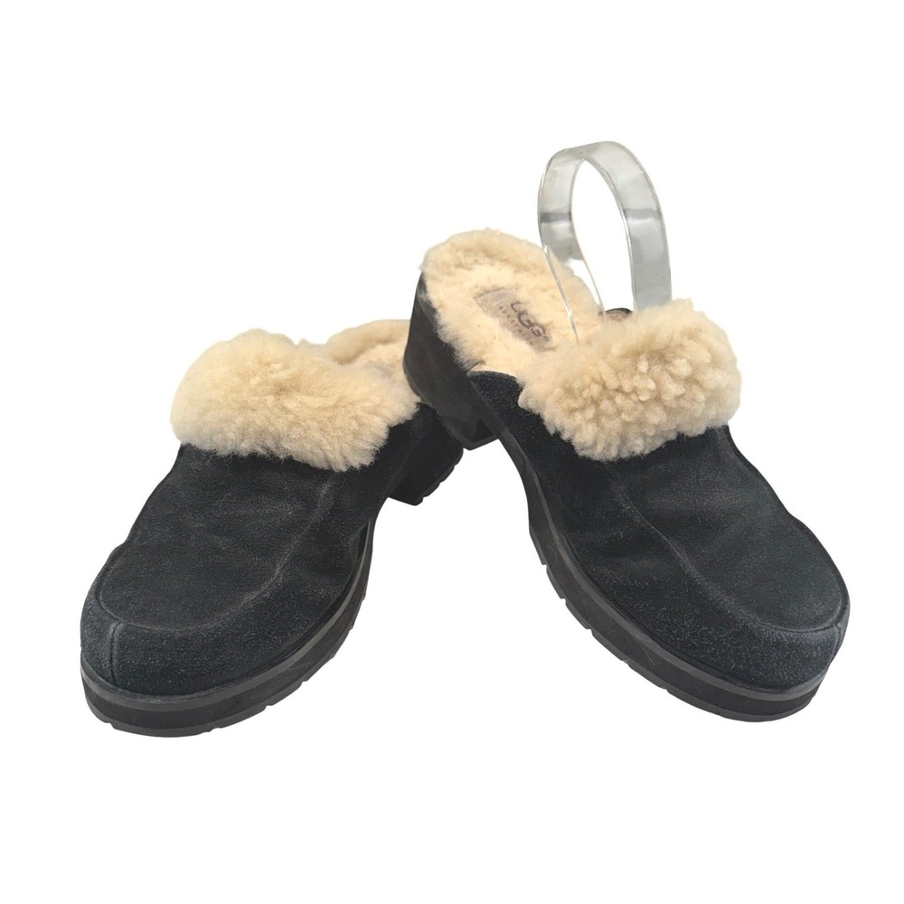UGG Australia Suede Shearling Clogs Women 7 Black Platform Lug Sole Mules Cozy